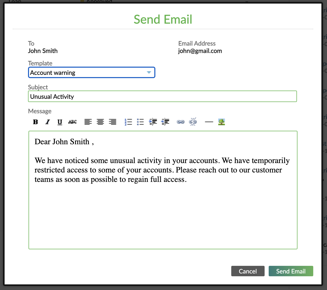 Send Email dialog with fields