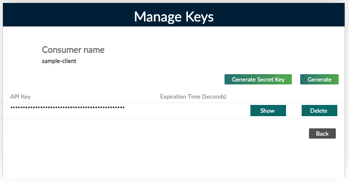 Manage Keys dialog with one API key