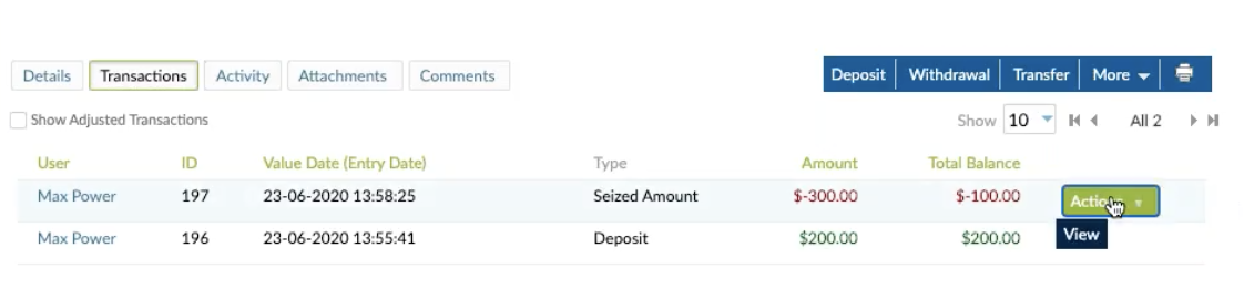 View the seized transaction on the UI