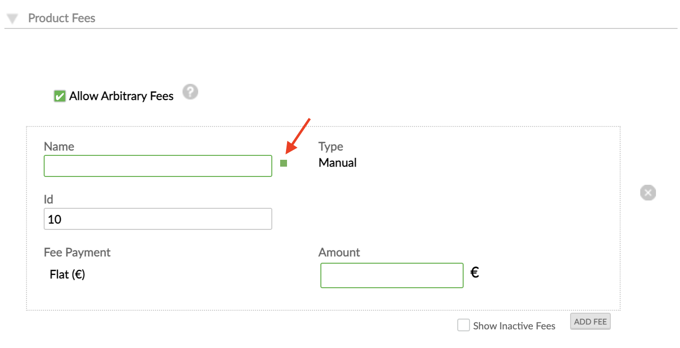 Product fees section with activate and deactivate little square