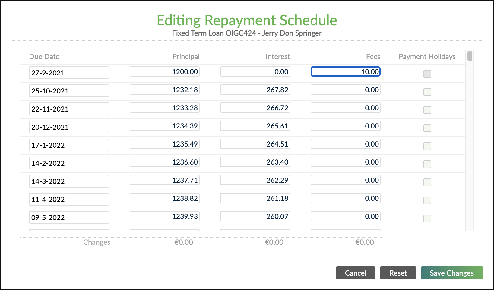 Editing repayment schedule dialogue showing where you can adjust fees
