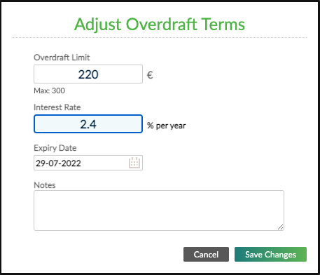 Adjust overdraft terms dialogue with overdraft limit, interest rate, expiry date, and notes fields