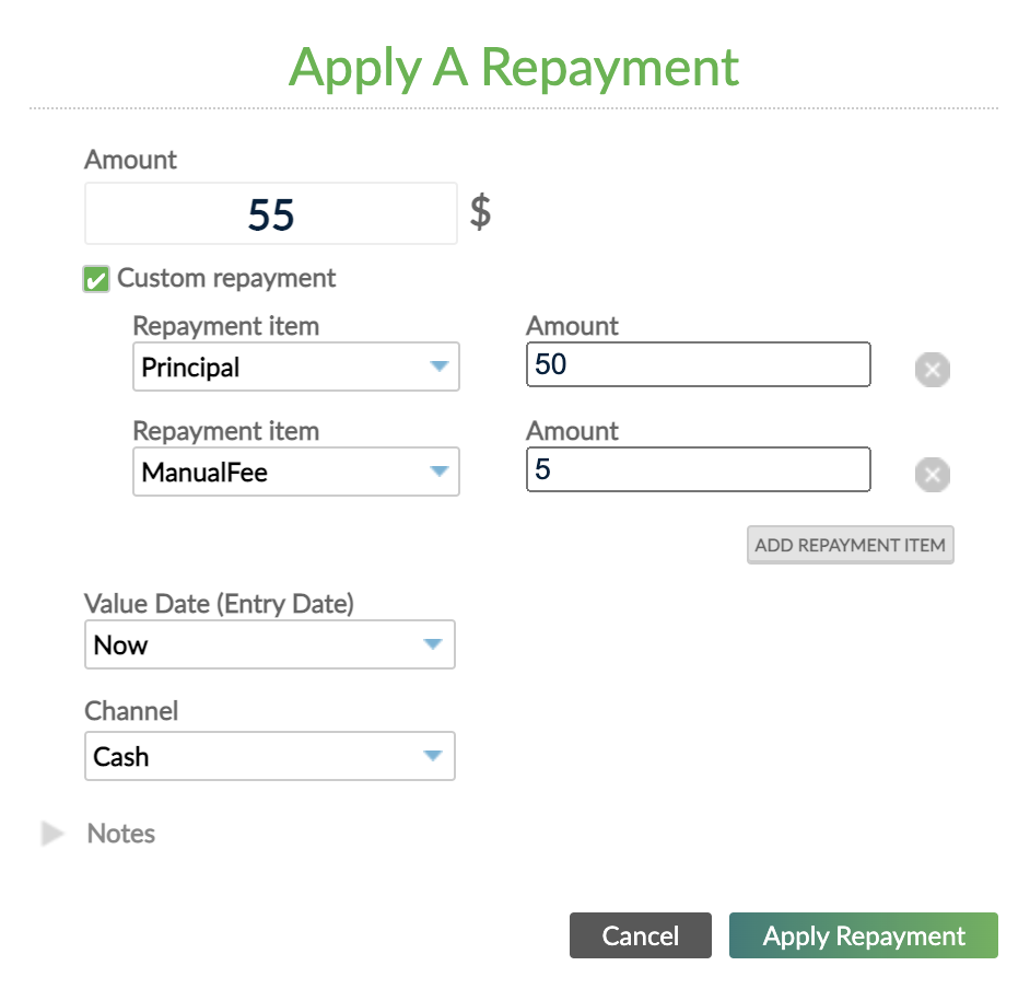 Option to enter a custom repayment in the Apply a repayment dialog