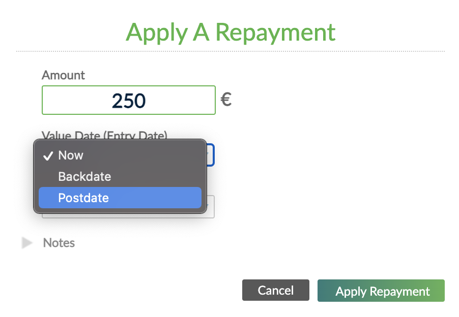 Apply a repayment dialog with the option to postdate