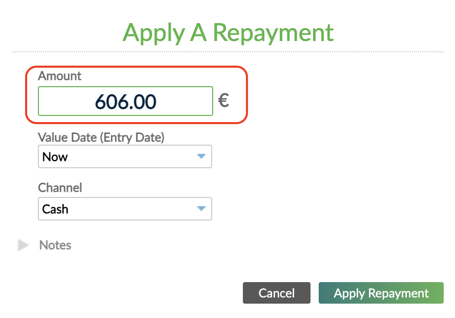 The amount to be paid is populated automatically with the total due and you can see it in the Apply a repayment dialog