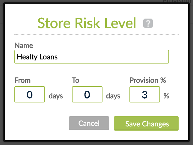Store Risk level screen with Name, From, To (days) and Provision (percentage)