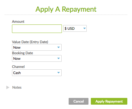 Apply a Repayment screen with Value Date and Booking Date fields