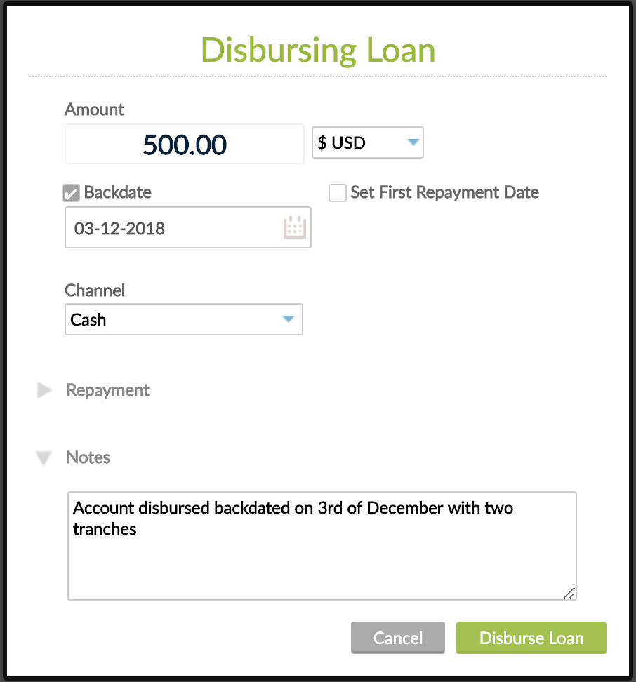 Disbursement dialog with fields like Amount, Currency, Disbursement Date, First Repayment Date, Channel and Notes