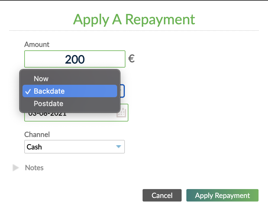 Apply a repayment dialog with option to backdate