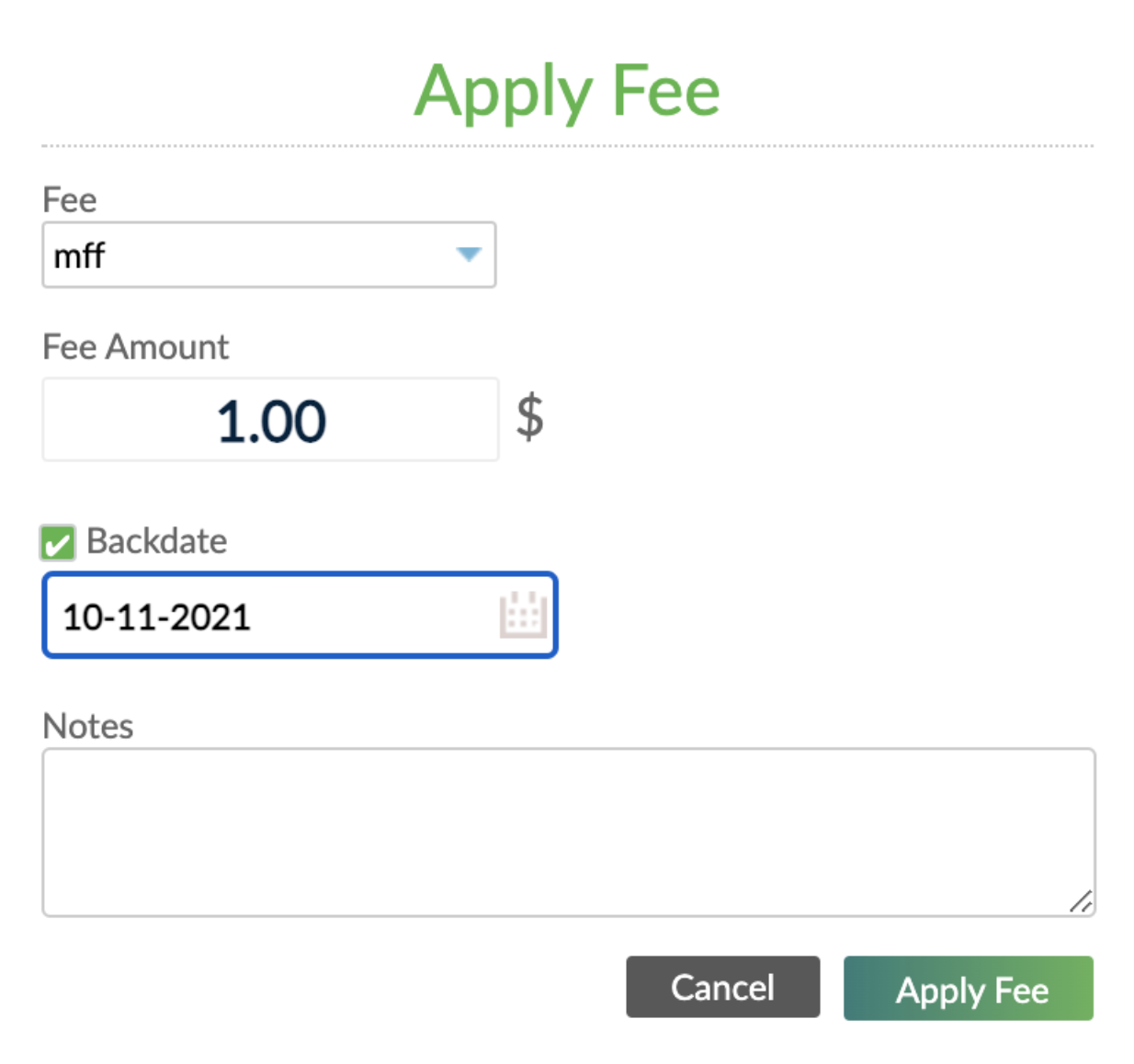 Apply Fee dialog with option to backdate the fee