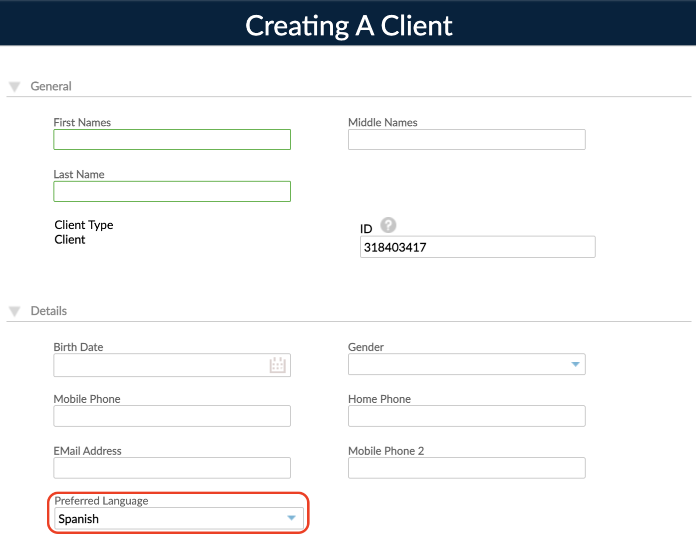 Create a client form with preferred language highlighted