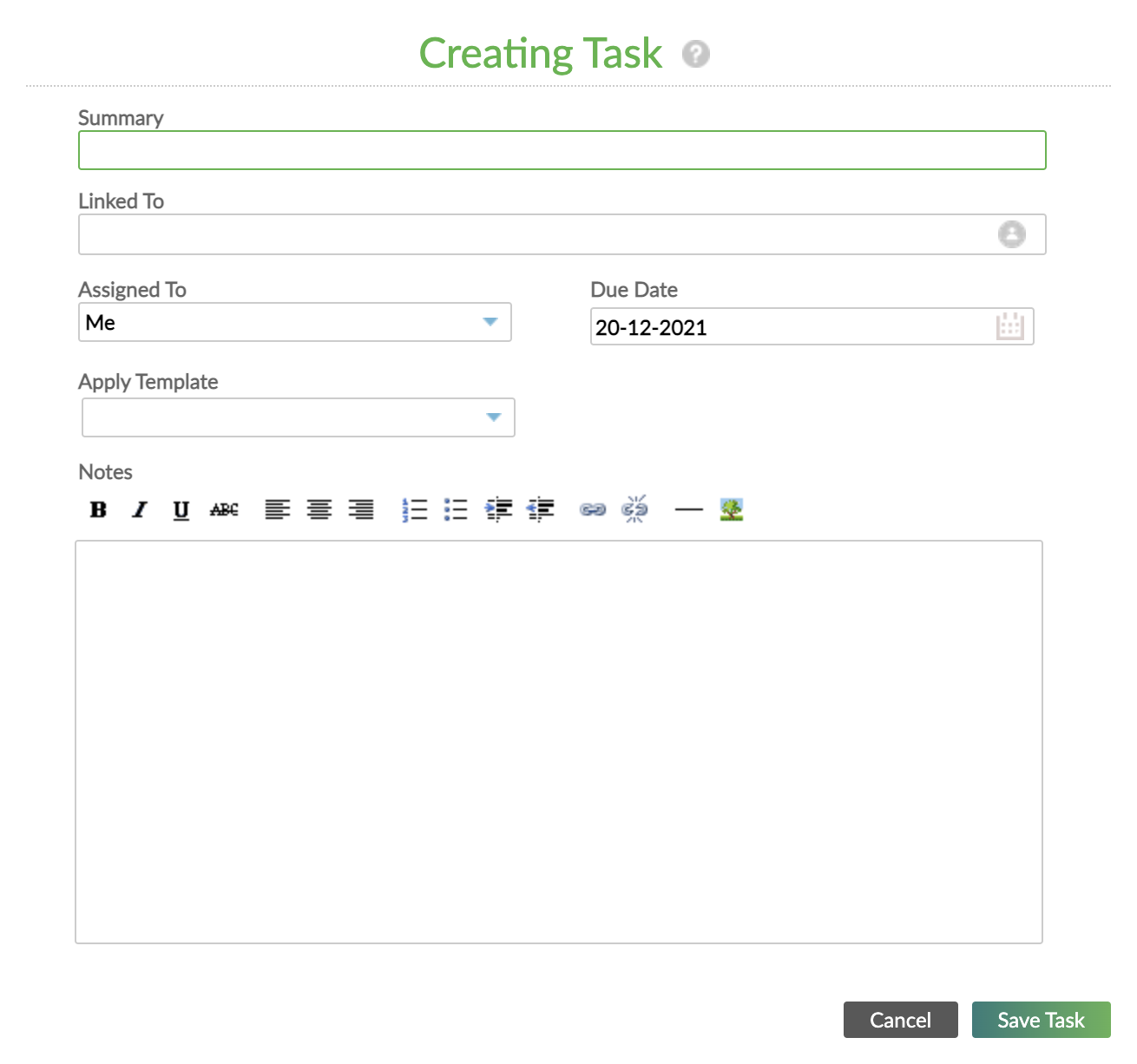 Creating Task form with Summary, Linked To, Assiged To, Due Date and Notes fields.
