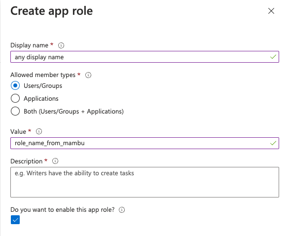 Create app role dialog in Azure AD