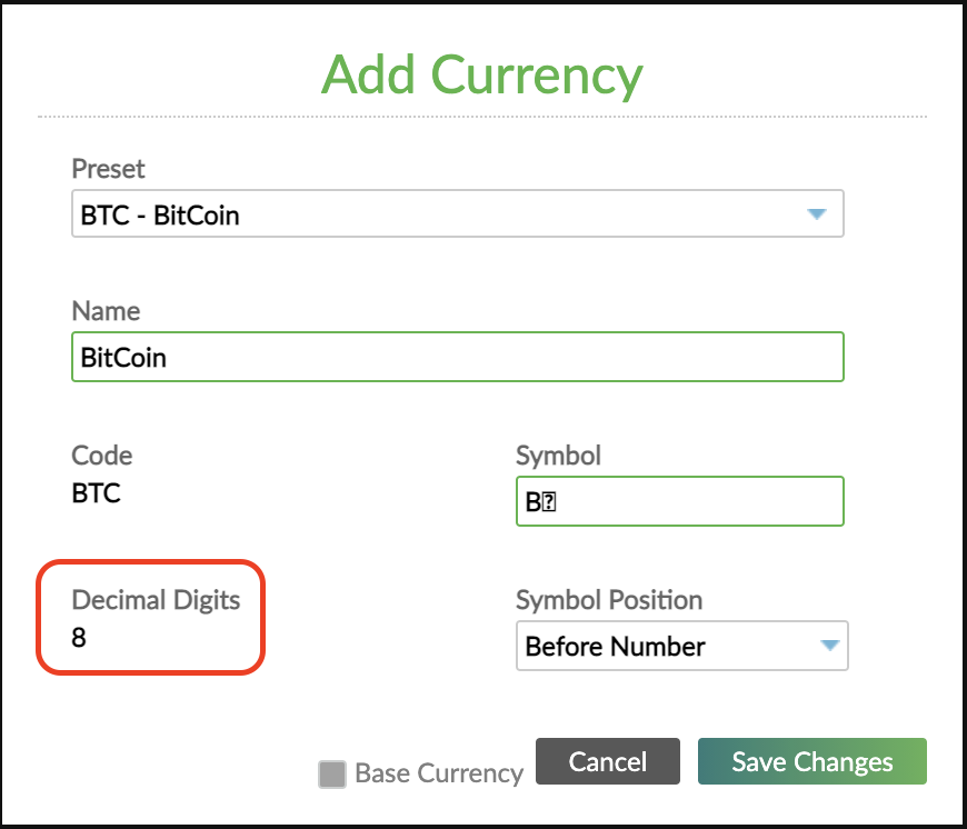 The add currency dialogue emphasizing the number of decimals for the selected currency, in this case, Bitcoin 8