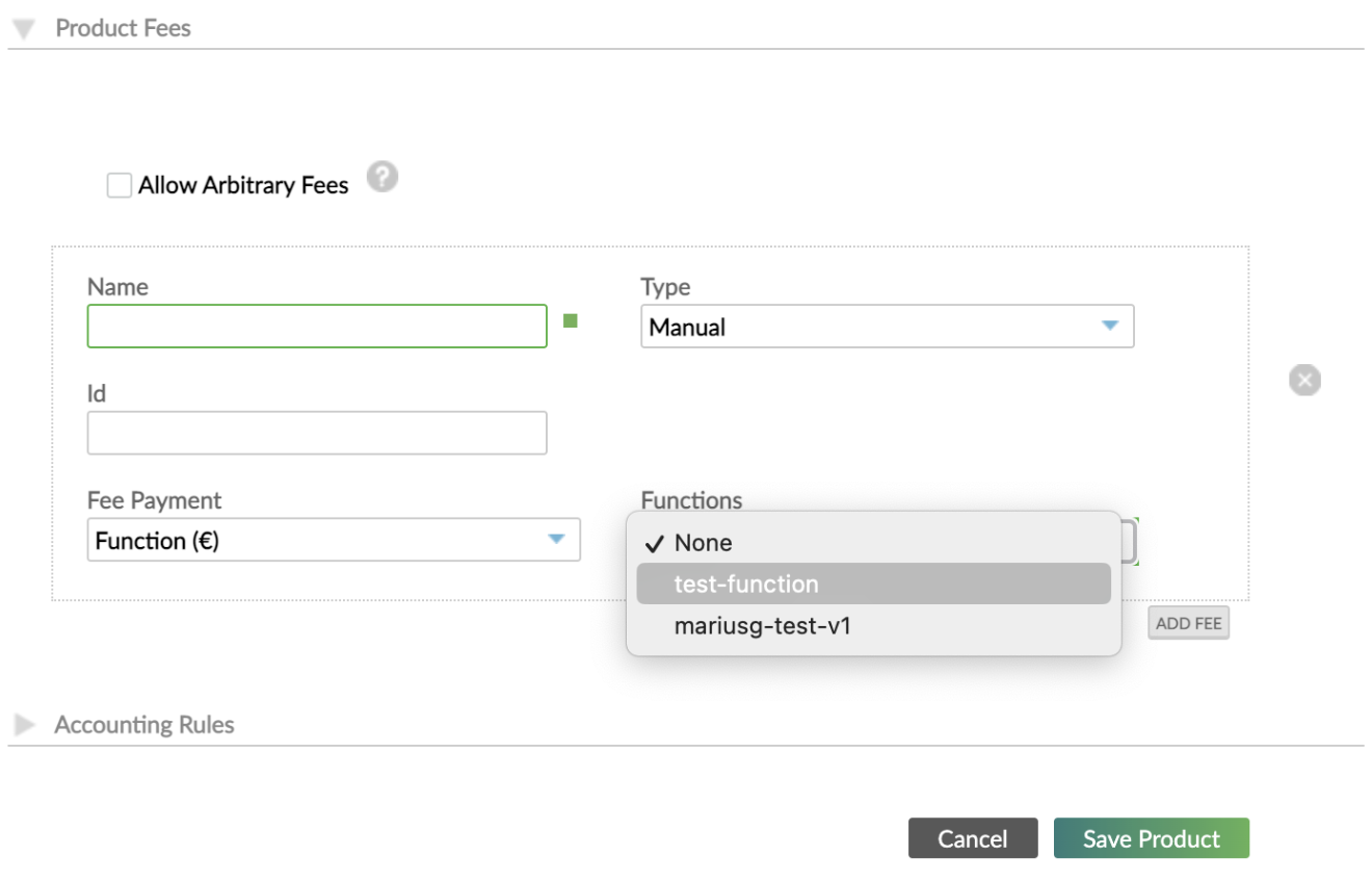 Product fees section of creating a new deposit product form