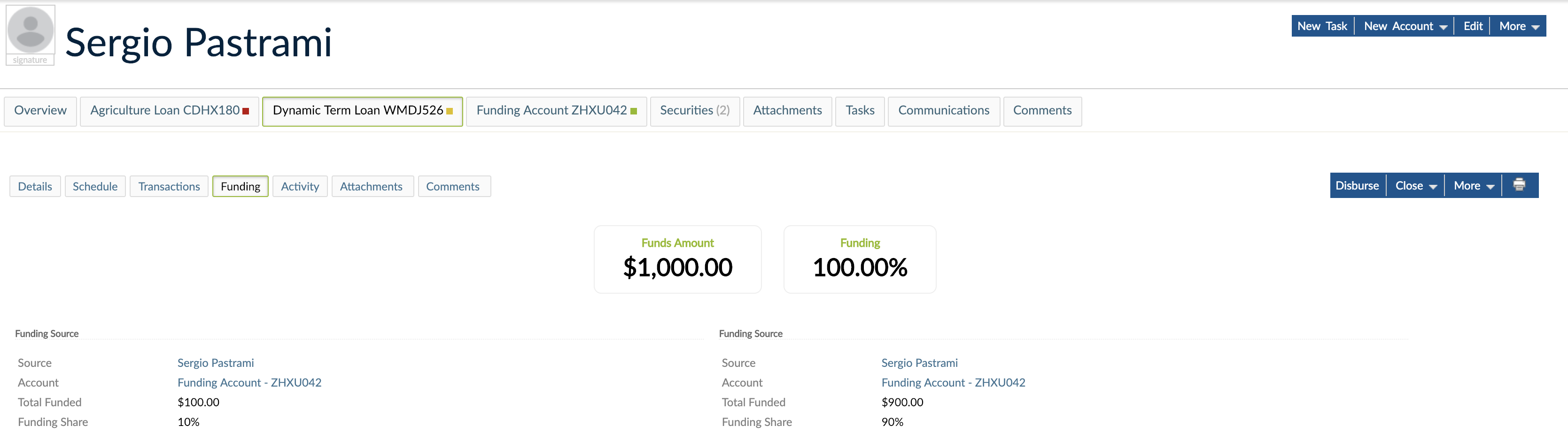 Funding view from Loan Account with Funds Amount and Funding percentage.