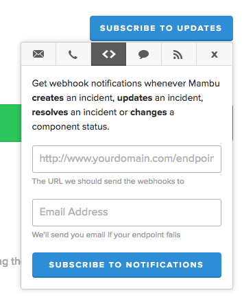 Subscribe to updates button with webhook option displayed