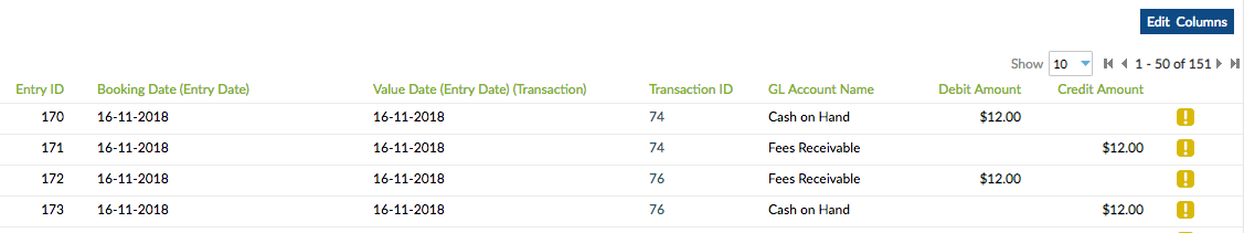 Transactions table showing the booking date and the value date