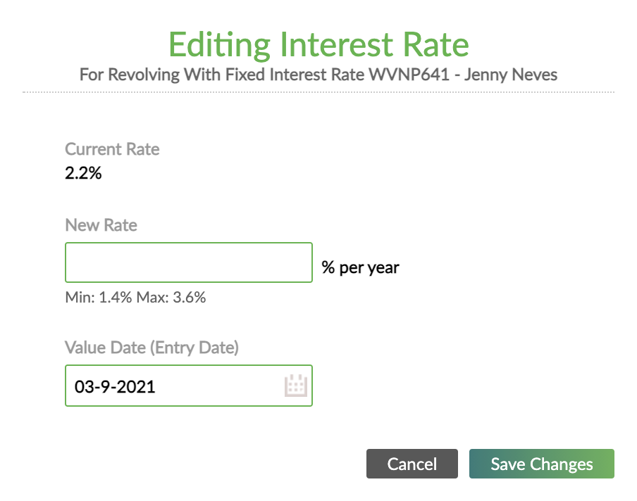 Edit Interest Rate pop-up with New Rate and Value Date (Entry Date) options