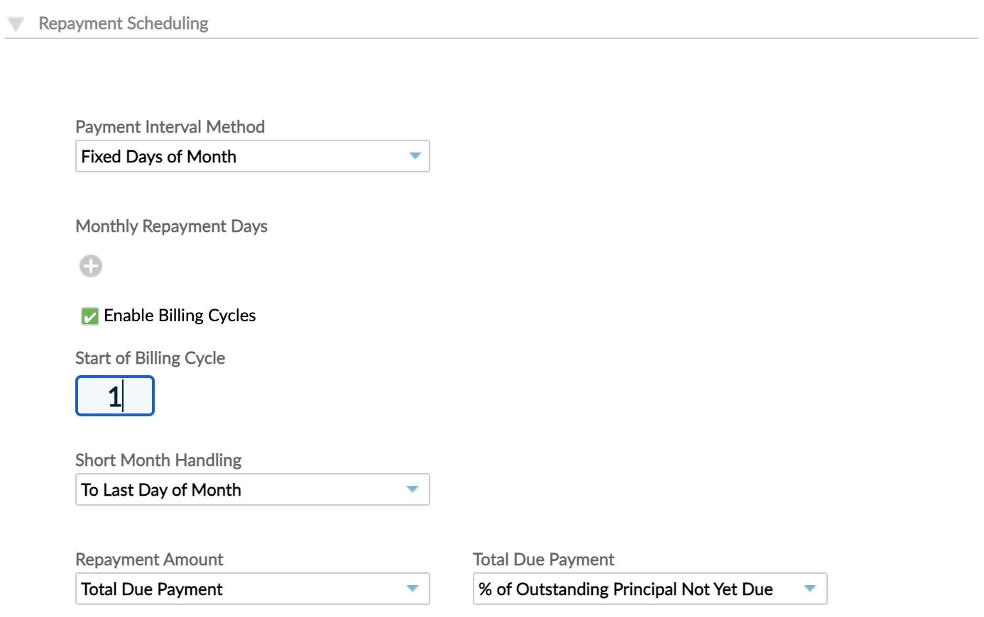 One of the options you must select under Repayment Scheduling to enable Billing cycles