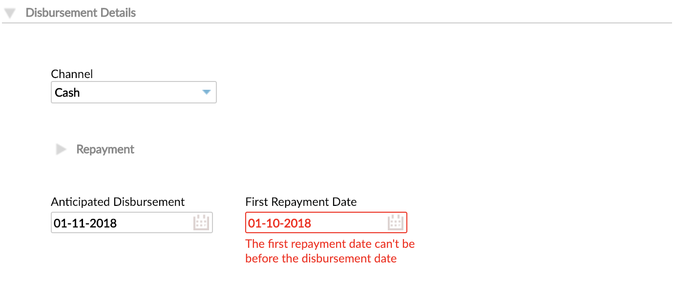 Disbursement Details section from Loan Account creation with Channel drop-down, Anticipated Disbursement and First Repayment Date