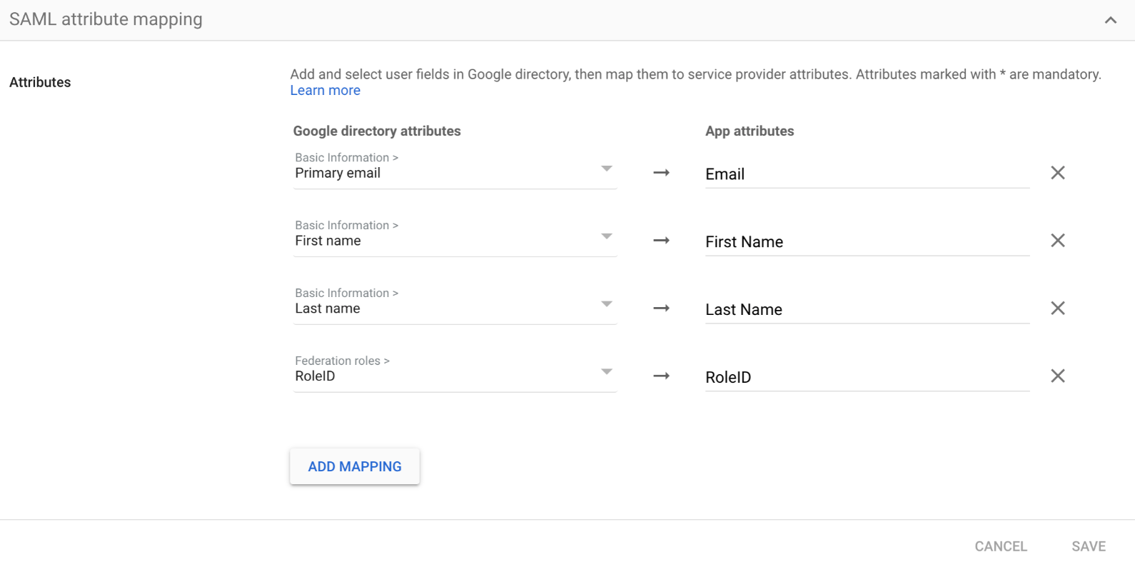 attribute mapping when using google as an identity provider
