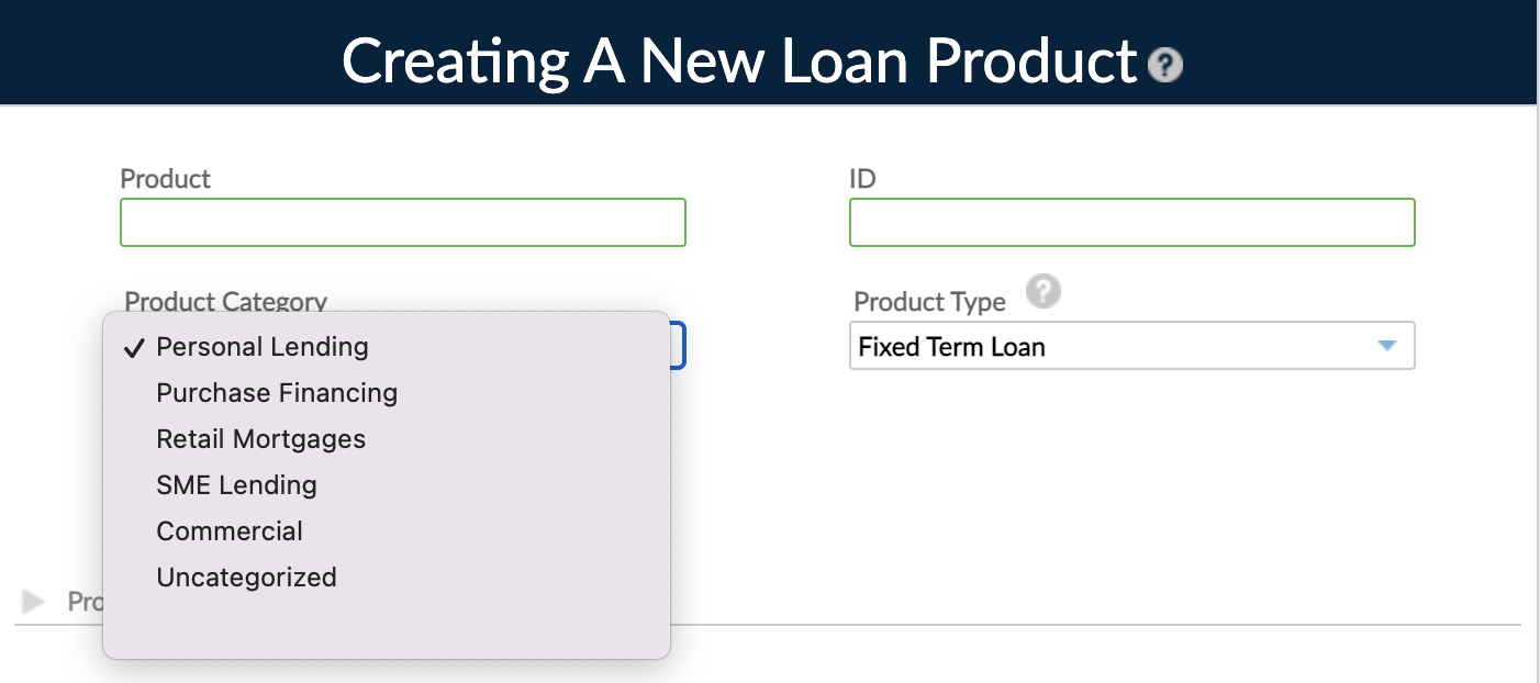 Creating a New Loan Product form with the available product categories, personal lending, purchase financing, retail mortgages, SME lending, commercial, and uncategorized