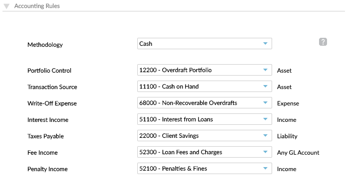 Select corresponding General Ledger Accounts for loan products using cash based accounting 