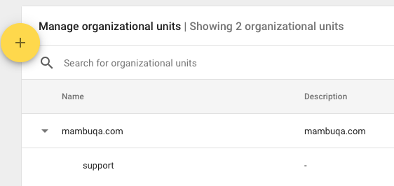Organizational units screen with "support" subunit