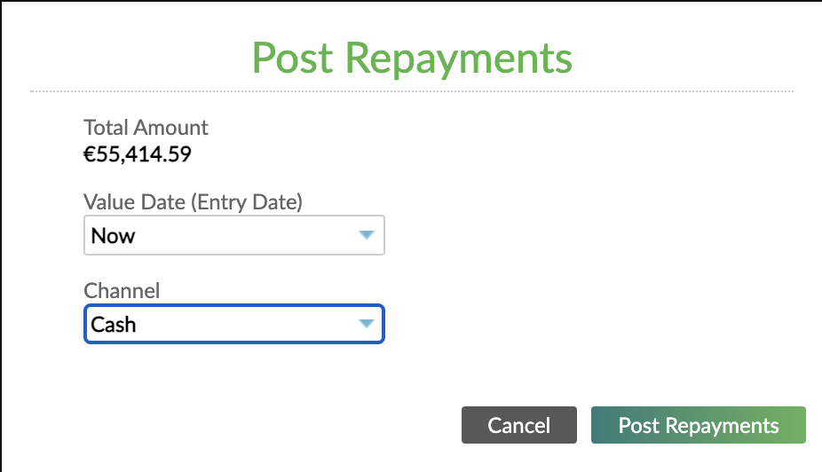Dialog showing the total amount, the entry date and the channel used to post repayments in bulk