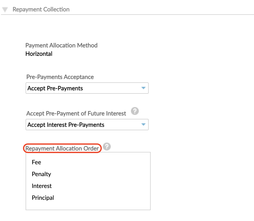 Repayment Collection section at Product Level with Repayment Allocation Order option.