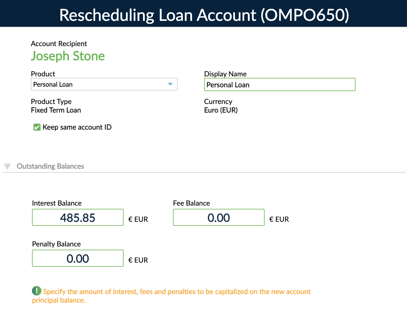 Rescheduling loans form with focus on the outstanding balances