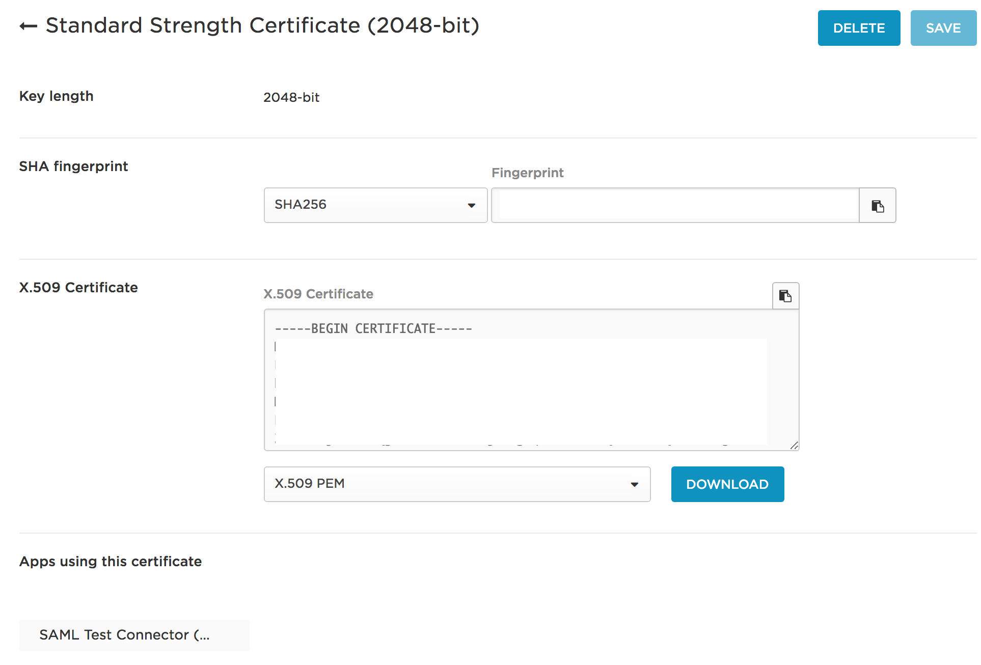 Standard Strength Certificate in OneLogin