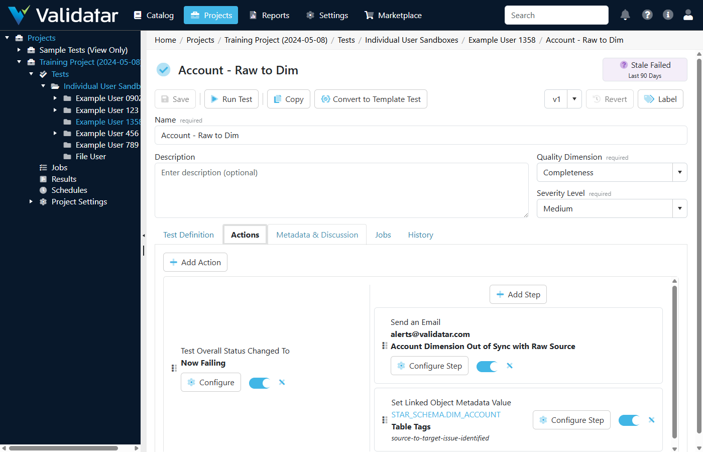 The Actions tab on a standard test, showing a trigger with two configured steps