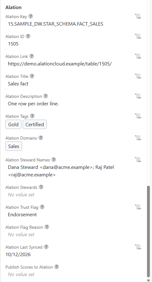The Alation section on a table in the Validatar catalog, filled by the metadata script