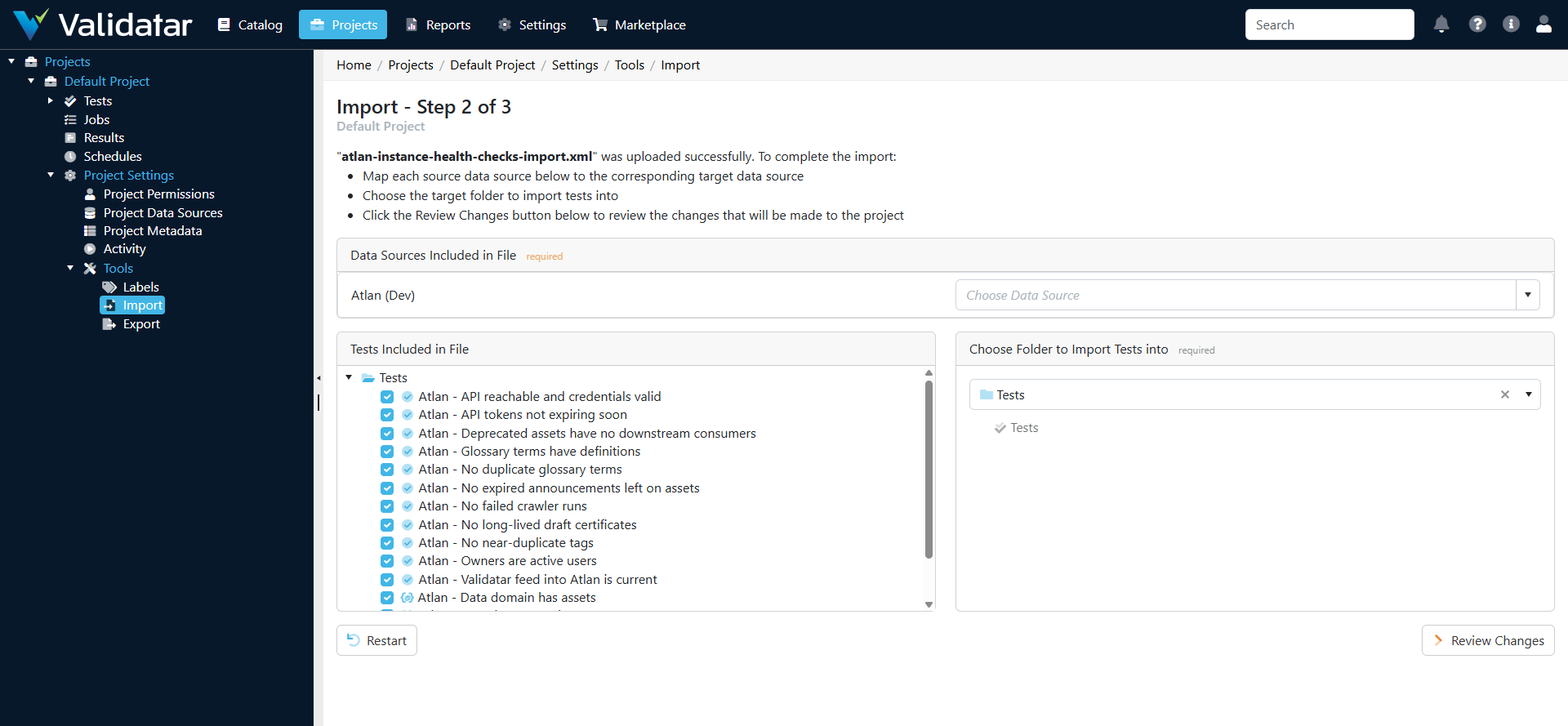 Step 2 of the pack import: map the Atlan data source and choose the folder