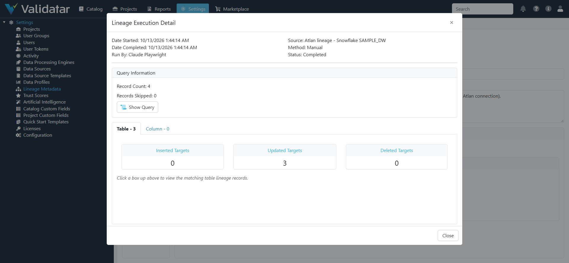 A lineage run from the Atlan lineage script in Validatar