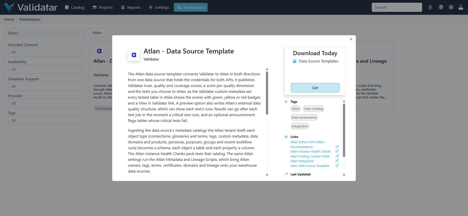 The Atlan - Data Source Template listing in the Validatar marketplace