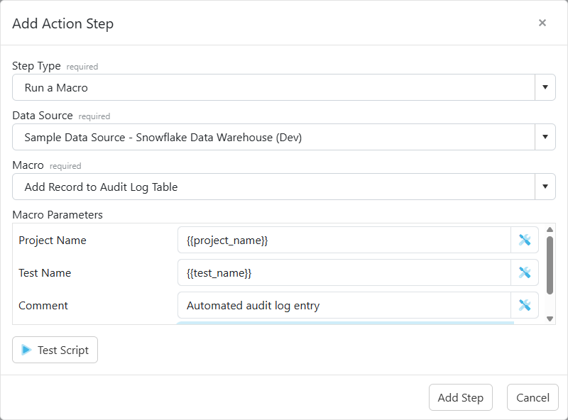 The Run a Macro step configuration with data source selection