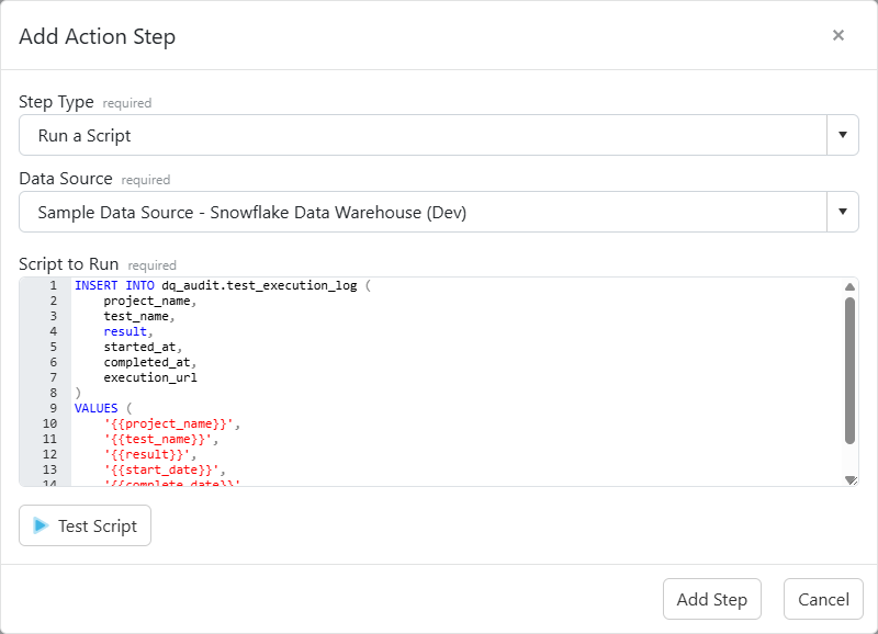 The Run a Script step configuration with data source selection