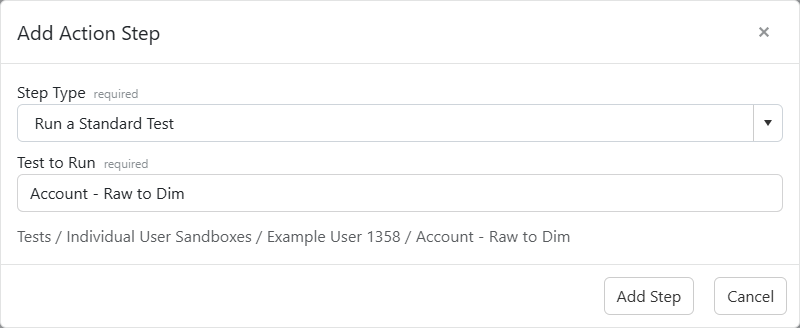 The Run a Standard Test step configuration with a test search field