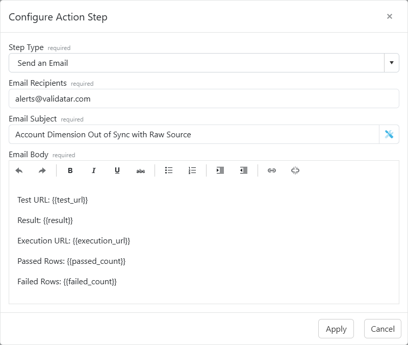 The Send an Email step configuration showing recipients, subject, and body with template fields