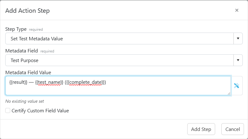 The Set Test Metadata Value step configuration