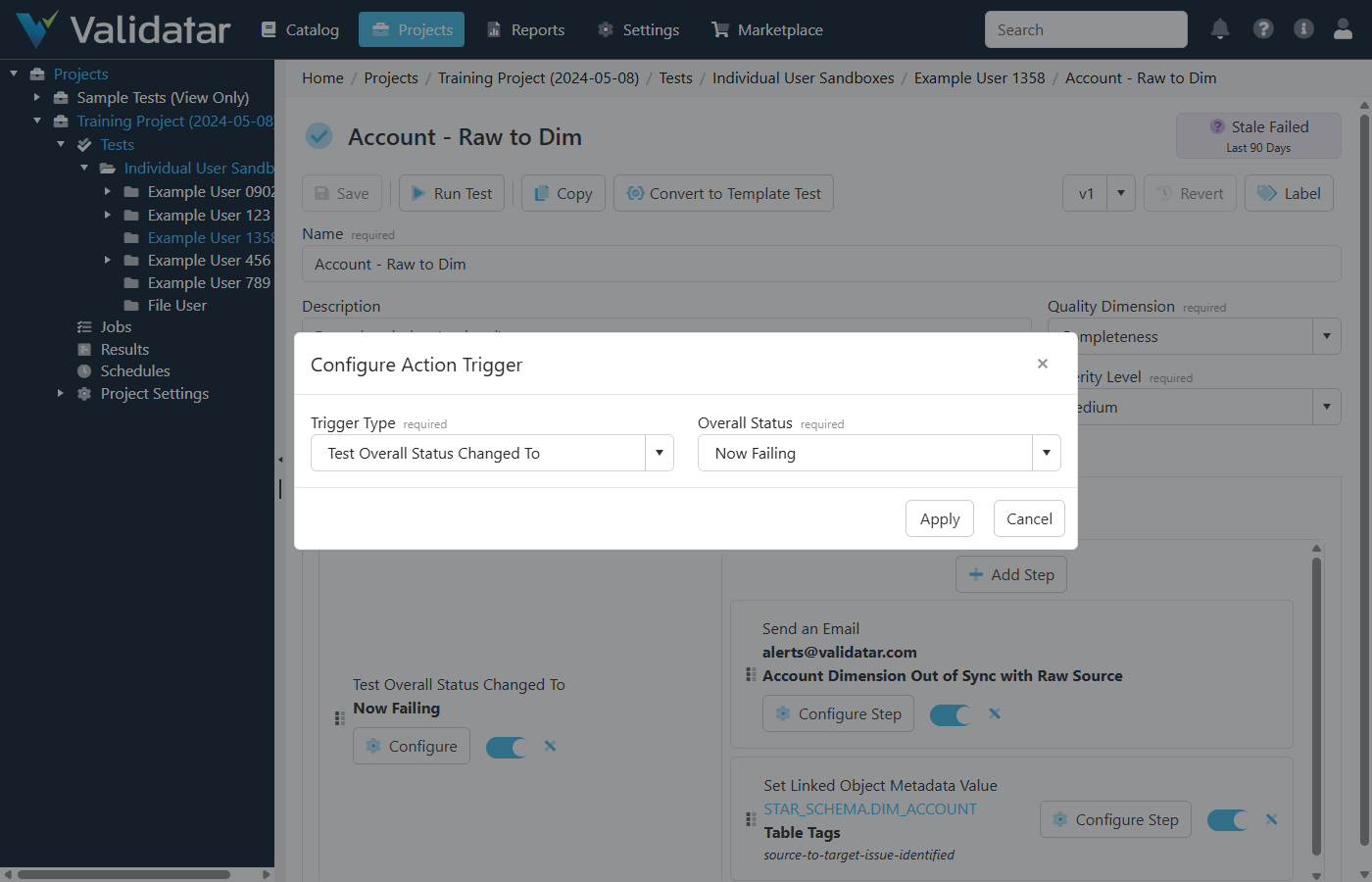 The Configure Action Trigger dialog with trigger type and condition dropdowns