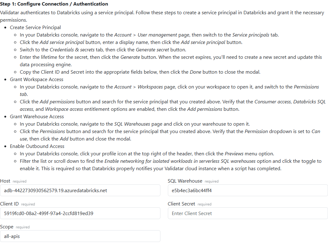 Databricks engine Step 1: Configure Connection / Authentication, with the connection fields