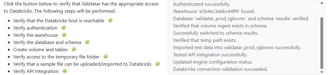 Validate Connection with all checks passed and the validation log