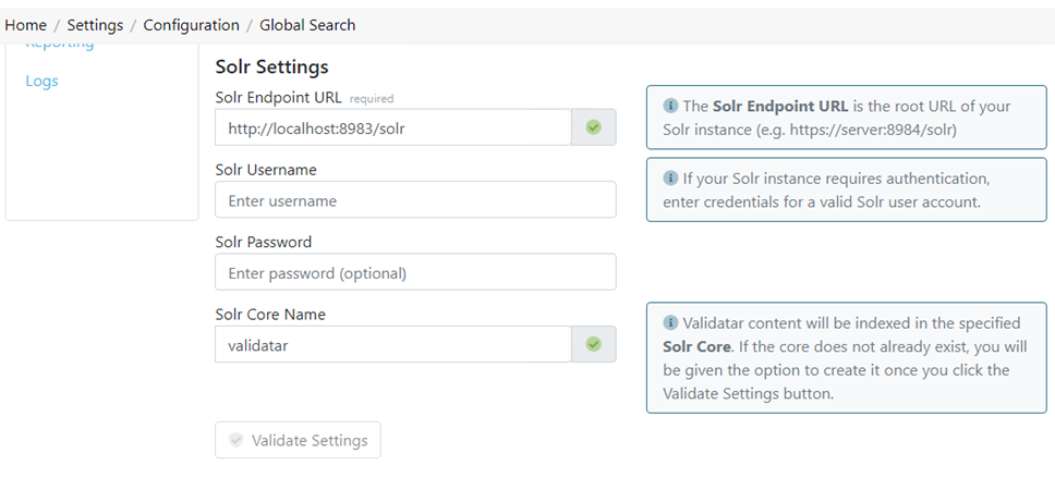 Validatar Global Search Setup