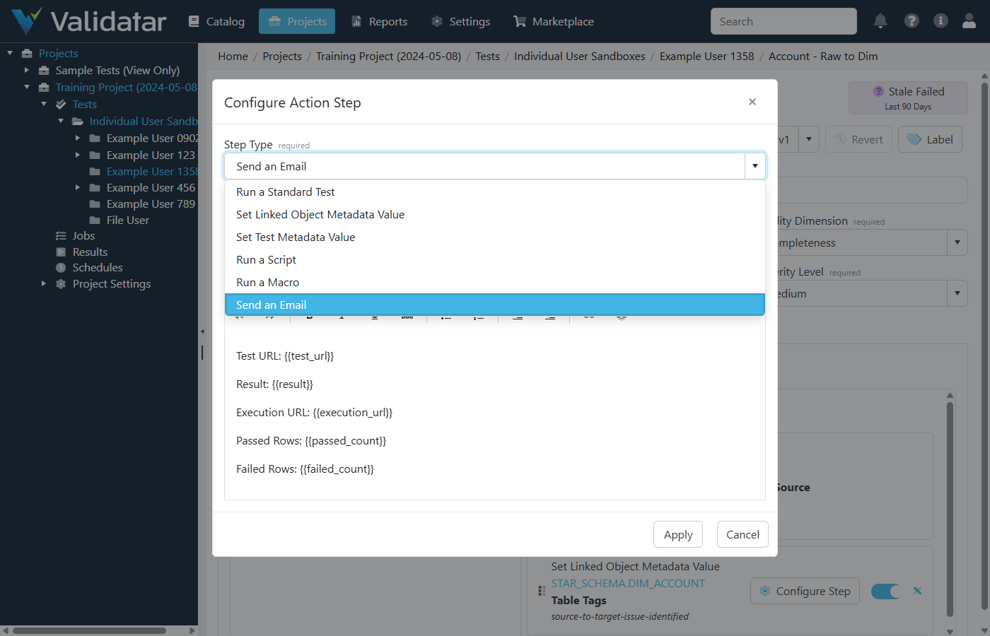 The Configure Action Step dialog showing all six available step types