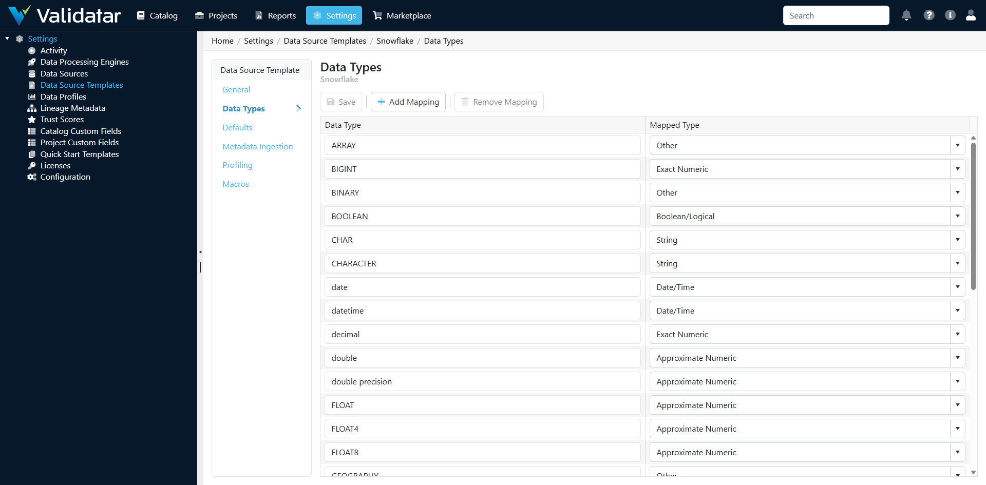 Data Types tab showing type mappings