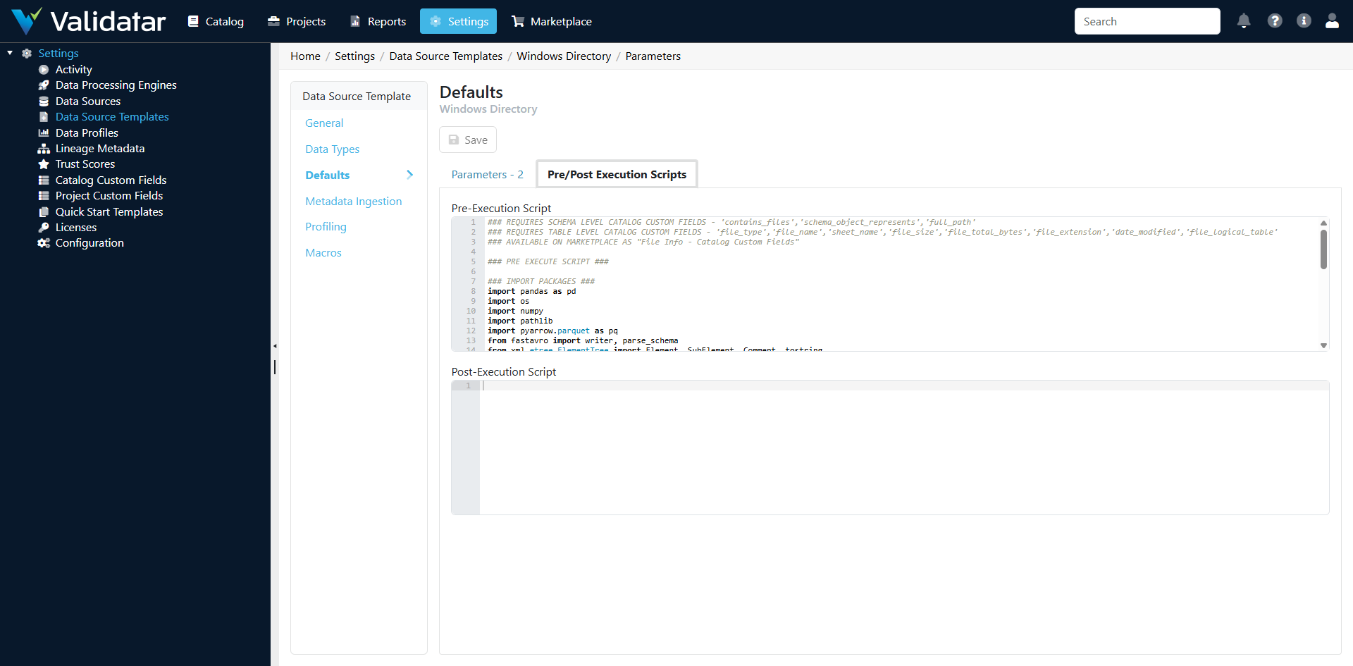 Defaults tab — Pre/Post Execution Scripts sub-tab